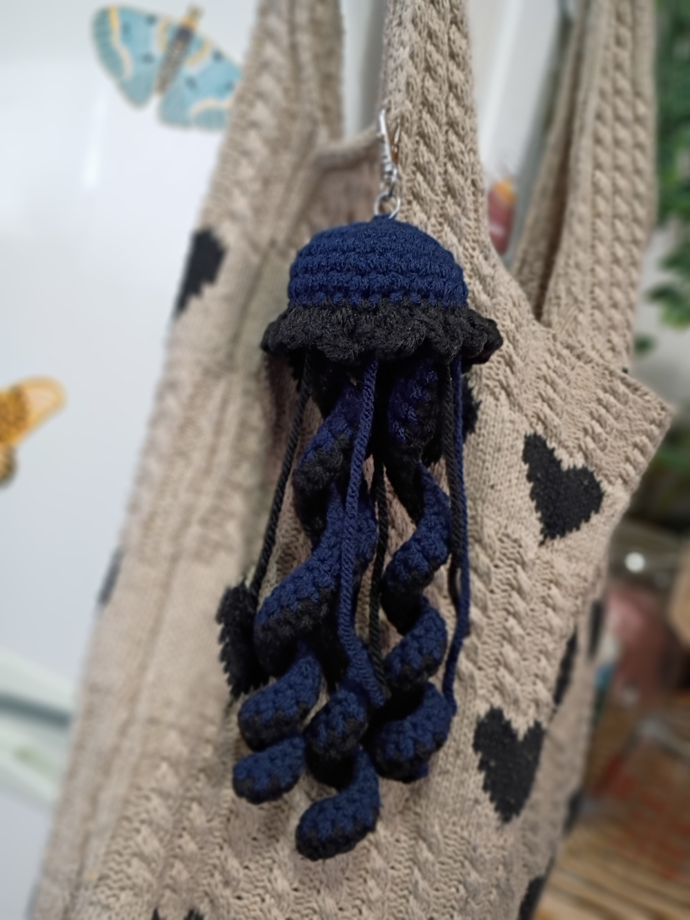1pc Handmade Crochet Jellyfish Bag Charm in Navy and Black